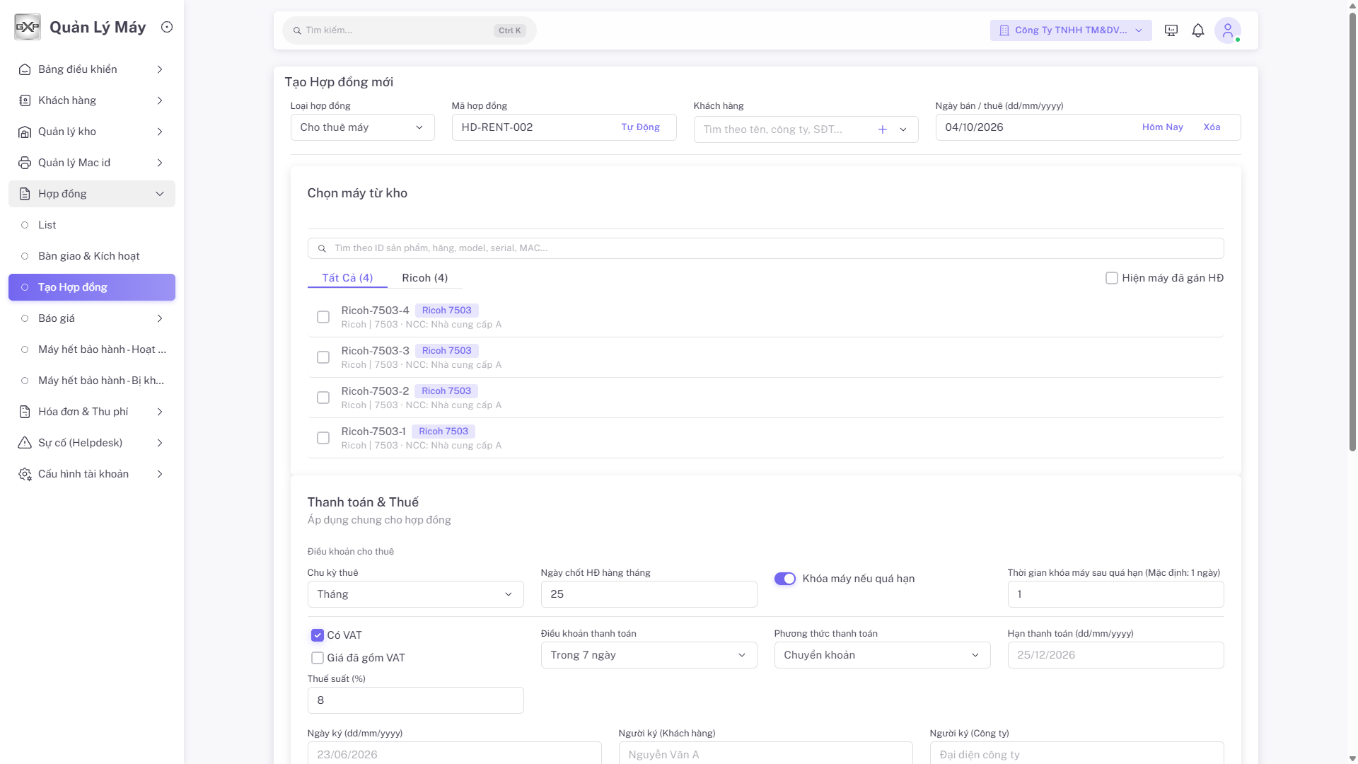 Ảnh 8.1: Tạo hợp đồng mới - Thông tin chung & Chọn máy từ kho