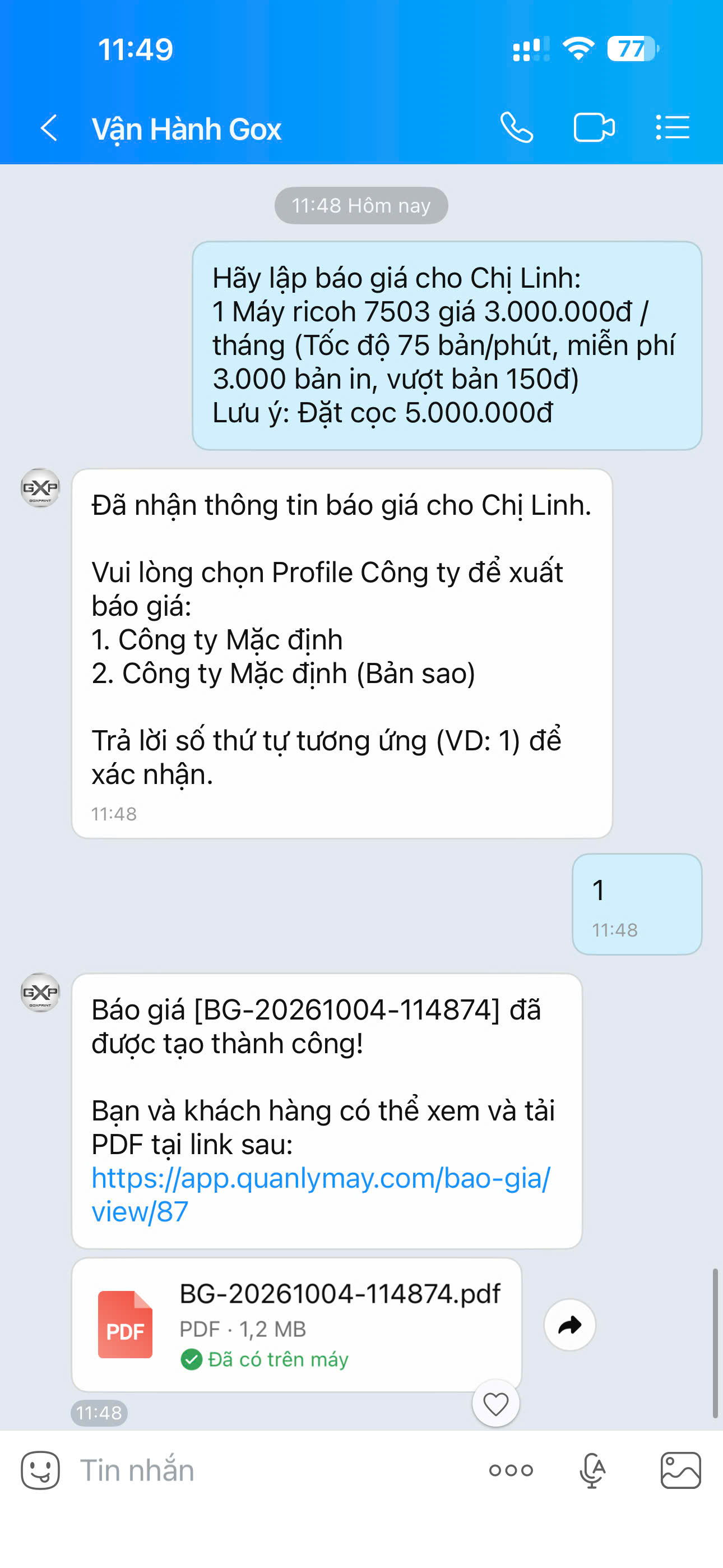 Ảnh 9.1: Tạo báo giá từ Bot Zalo chuyên nghiệp Vận Hành Gox